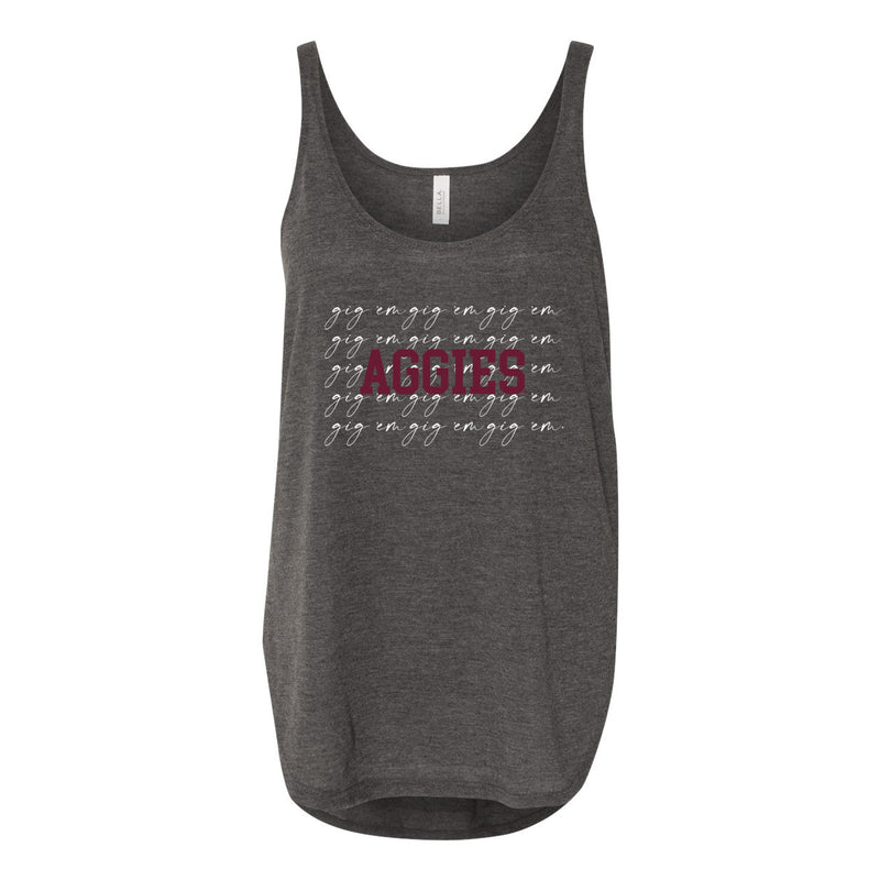 Texas A&M College Script Women's Flowy Tank with Side Slit in Charcoal
