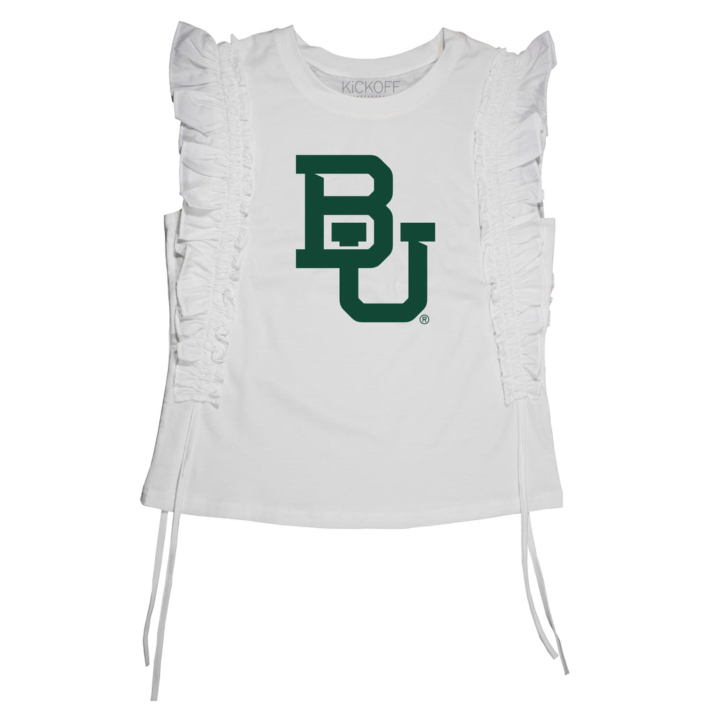 Sequin Varsity Ruffle Short Sleeve with Side Ruching in Baylor University
