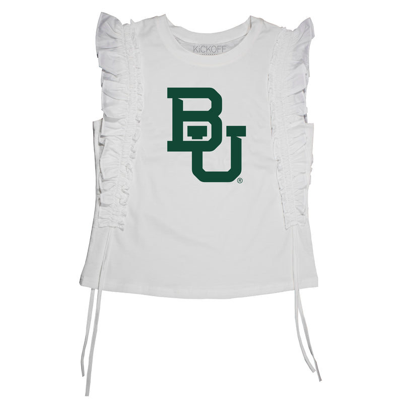 Sequin Varsity Ruffle Short Sleeve with Side Ruching in Baylor University