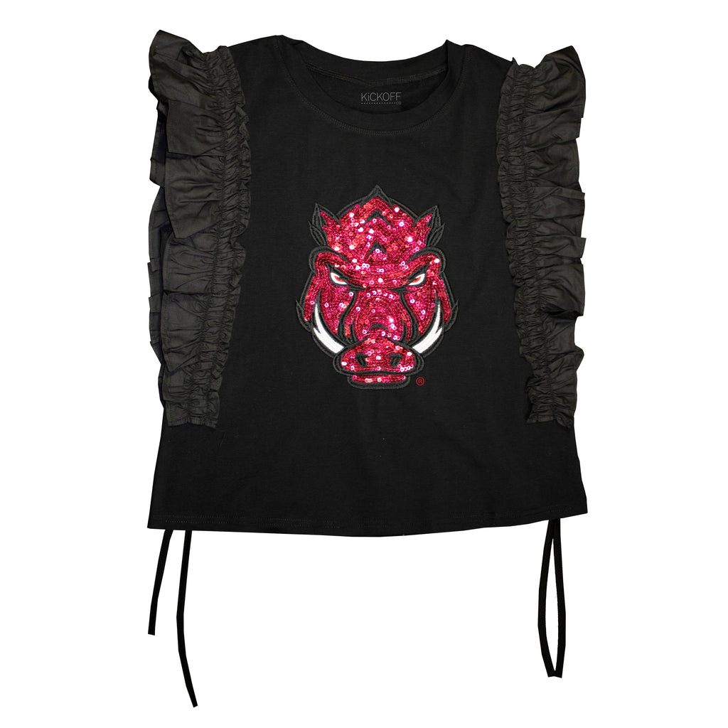 Sequin Varsity Ruffle Short Sleeve with Side Ruching in University of Arkansas