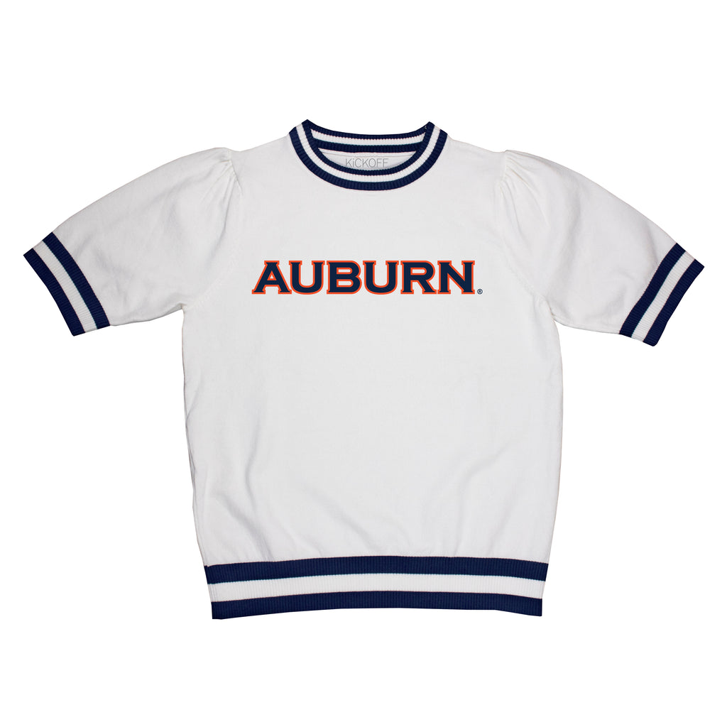 Sequin Varsity Short Sleeve Sweater with Striped Neckline, Cuff, and Waistband in Auburn University