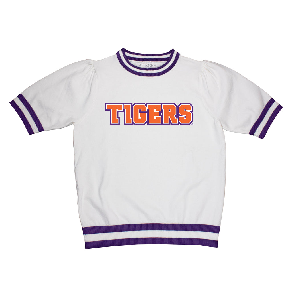 Sequin Varsity Short Sleeve Sweater with Striped Neckline, Cuff, and Waistband in Clemson University