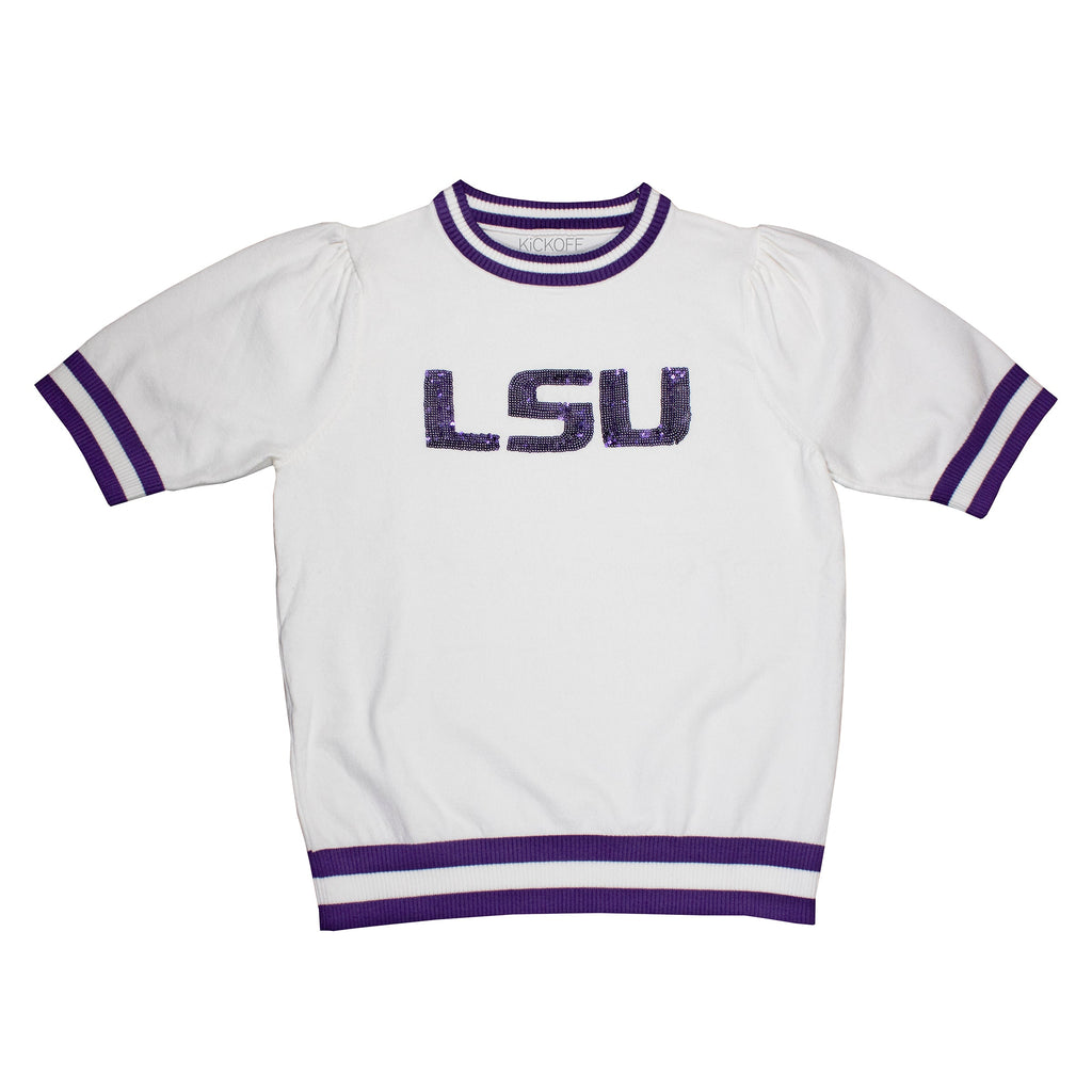 Sequin Varsity Short Sleeve Sweater with Striped Neckline, Cuff, and Waistband in Louisiana State University