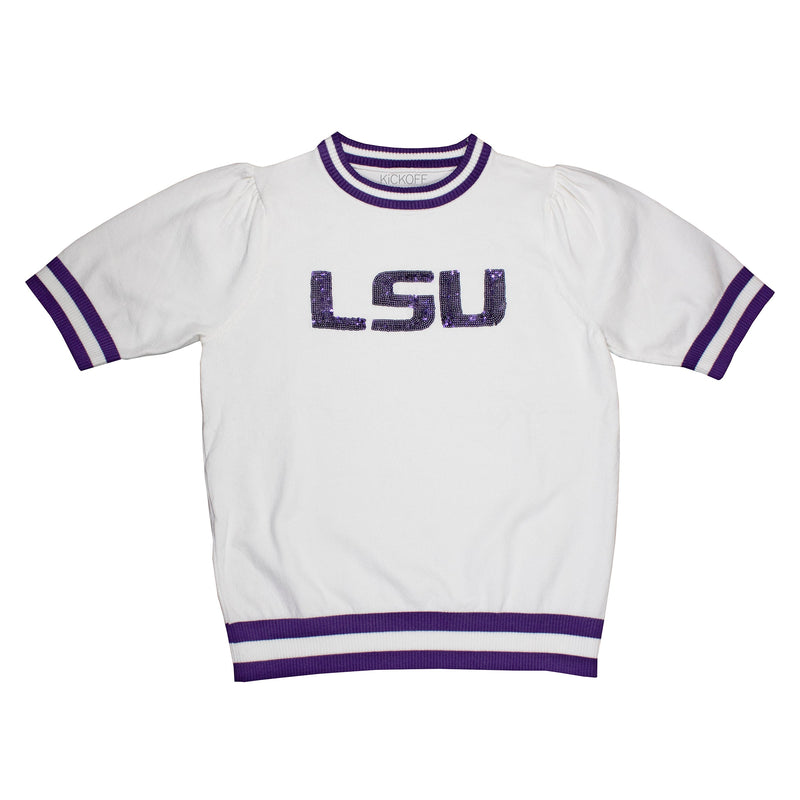 Sequin Varsity Short Sleeve Sweater with Striped Neckline, Cuff, and Waistband in Louisiana State University