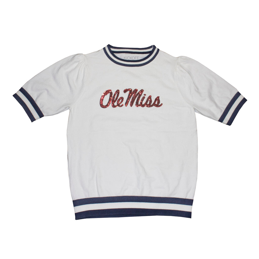 Sequin Varsity Short Sleeve Sweater with Striped Neckline, Cuff, and Waistband in University of Mississippi
