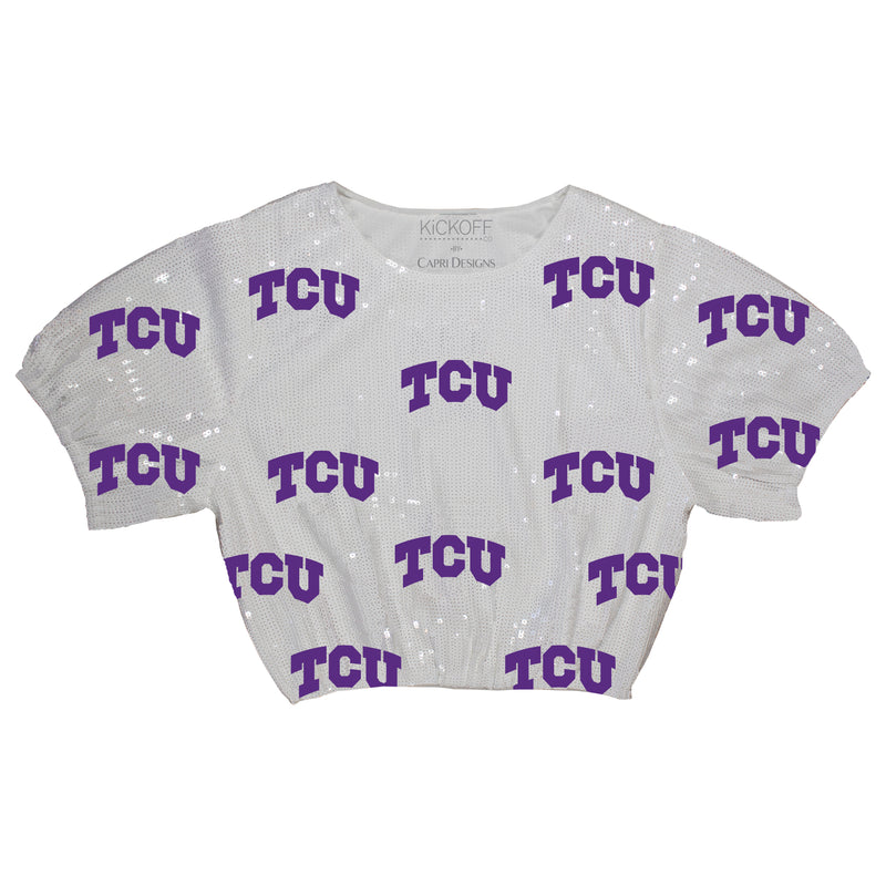 Sequin Repeater Crop Top (Full Sequin) in Texas Christian University