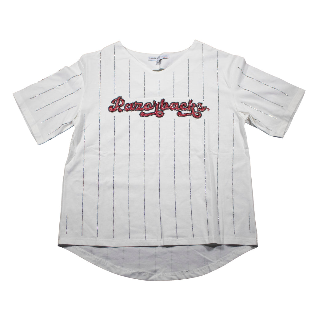 Ballgame Rhinestone Striped Jersey Tee- university of Arkansas