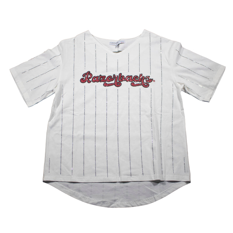 Ballgame Rhinestone Striped Jersey Tee- university of Arkansas