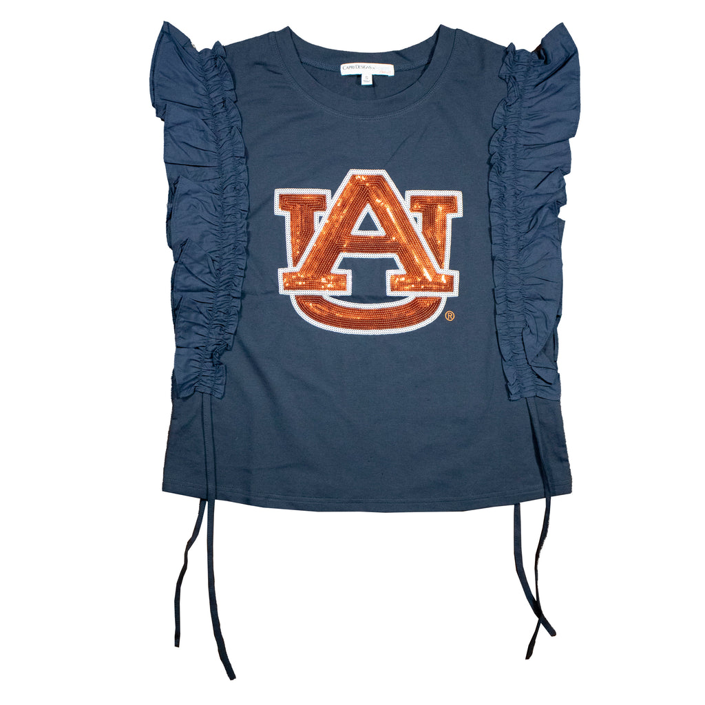 Sequin Varsity Ruffle Short Sleeve with Side Ruching in Auburn University