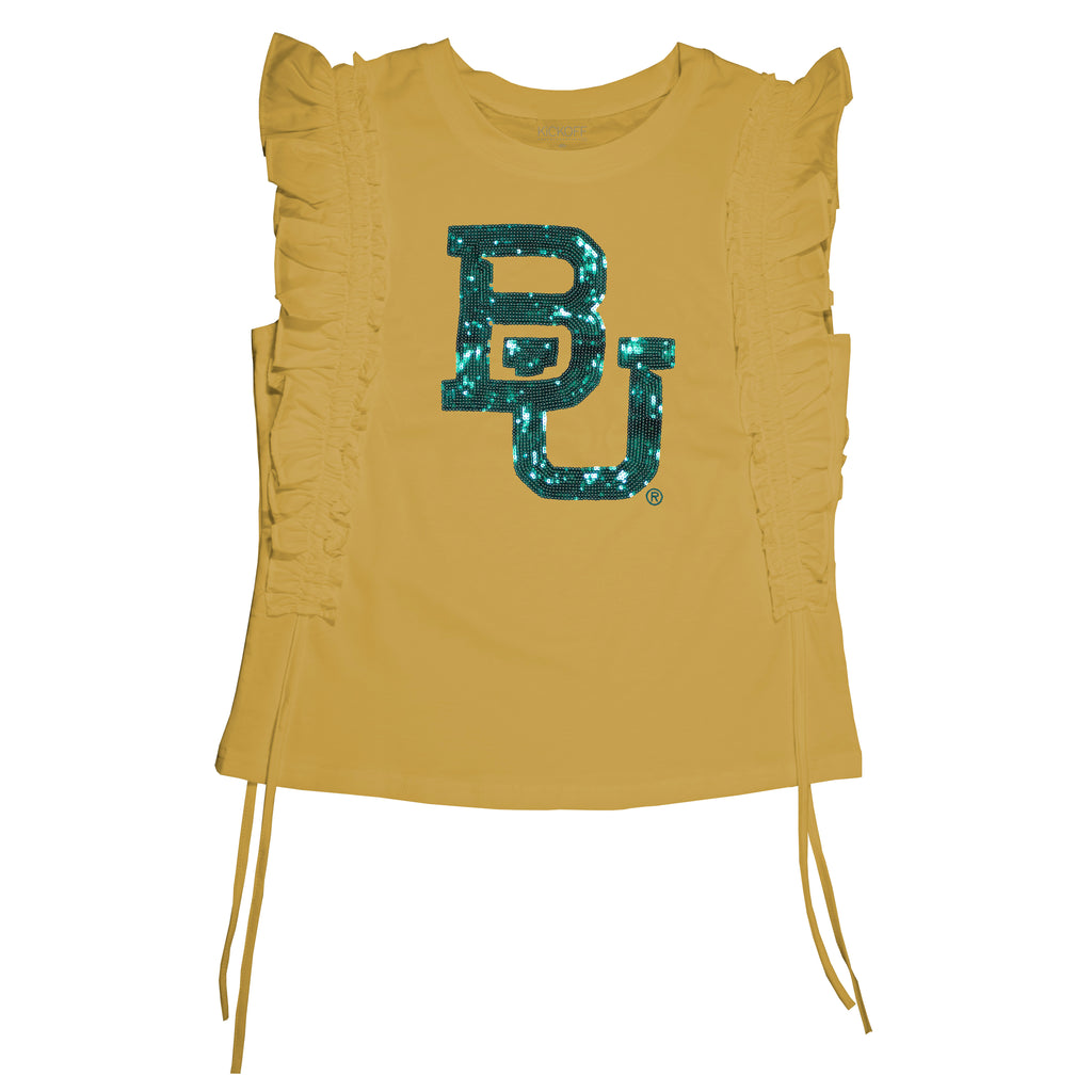 Sequin Varsity Ruffle Short Sleeve with Side Ruching in Baylor University