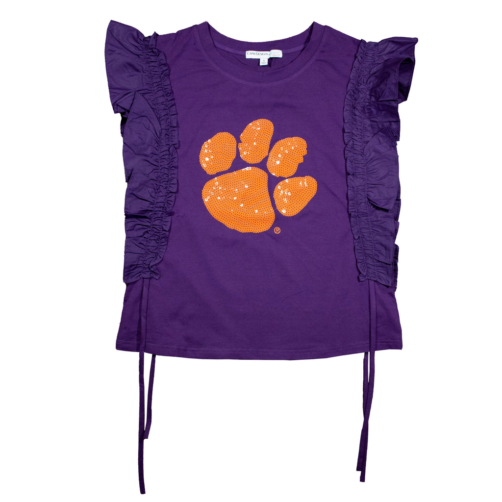Sequin Varsity Ruffle Short Sleeve with Side Ruching in Clemson University