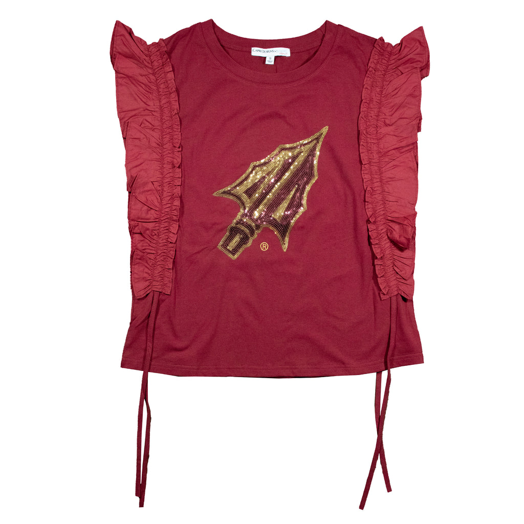 Sequin Varsity Ruffle Short Sleeve with Side Ruching in Florida State University