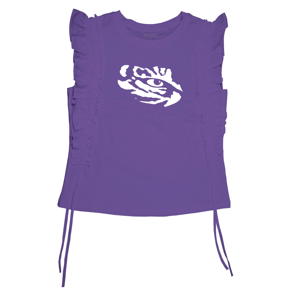 Sequin Varsity Ruffle Short Sleeve with Side Ruching in Louisiana State University
