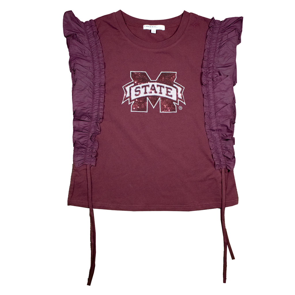 Sequin Varsity Ruffle Short Sleeve with Side Ruching in Mississippi State University