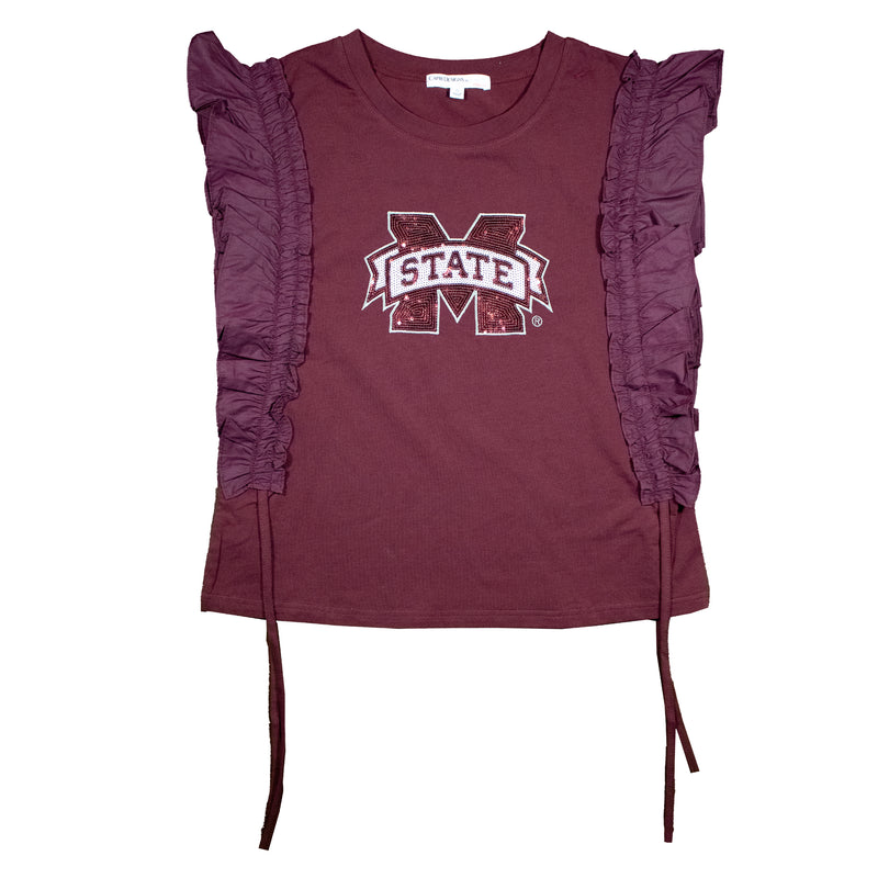 Sequin Varsity Ruffle Short Sleeve with Side Ruching in Mississippi State University