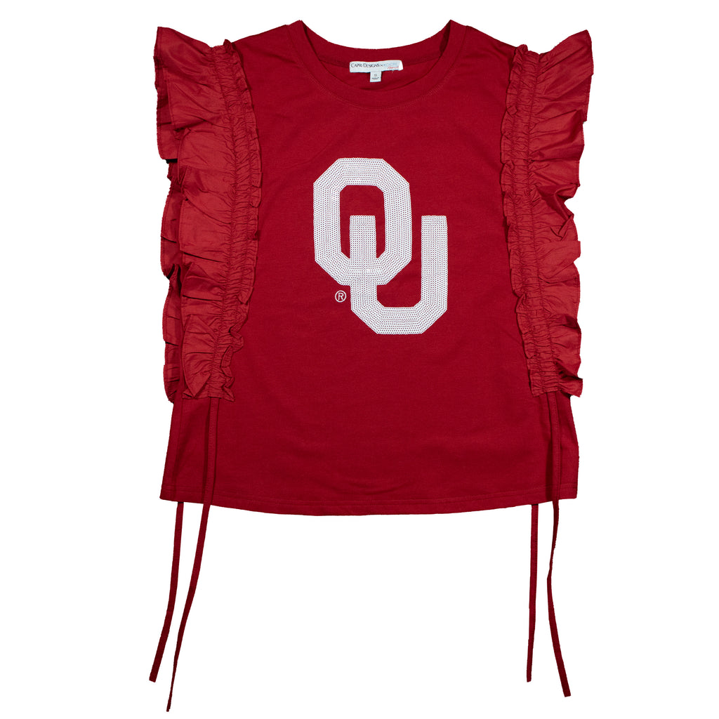 Sequin Varsity Ruffle Short Sleeve with Side Ruching in University of Oklahoma