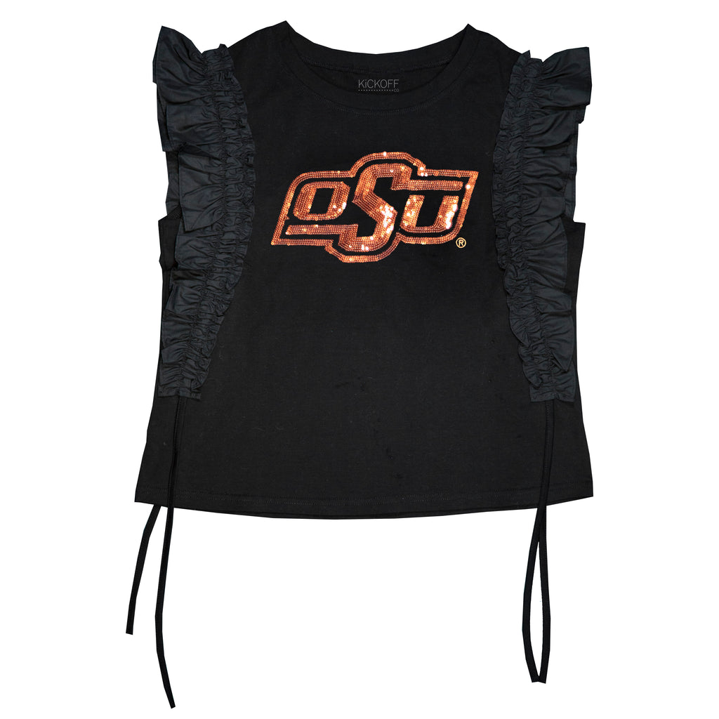 Sequin Varsity Ruffle Short Sleeve with Side Ruching in Oklahoma State University