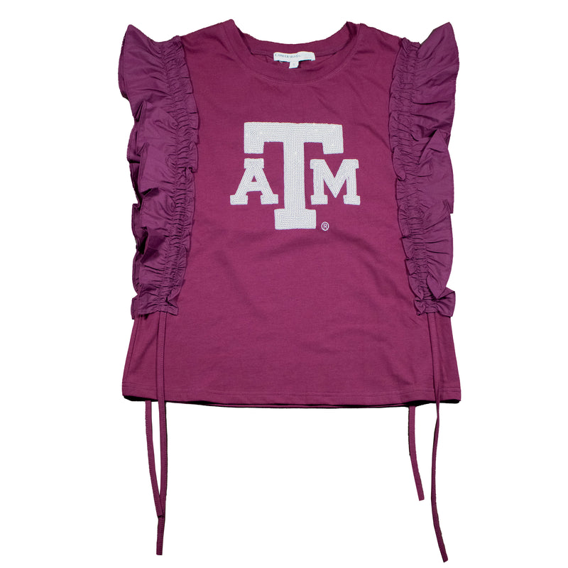 Sequin Varsity Ruffle Short Sleeve with Side Ruching in Texas A&M University