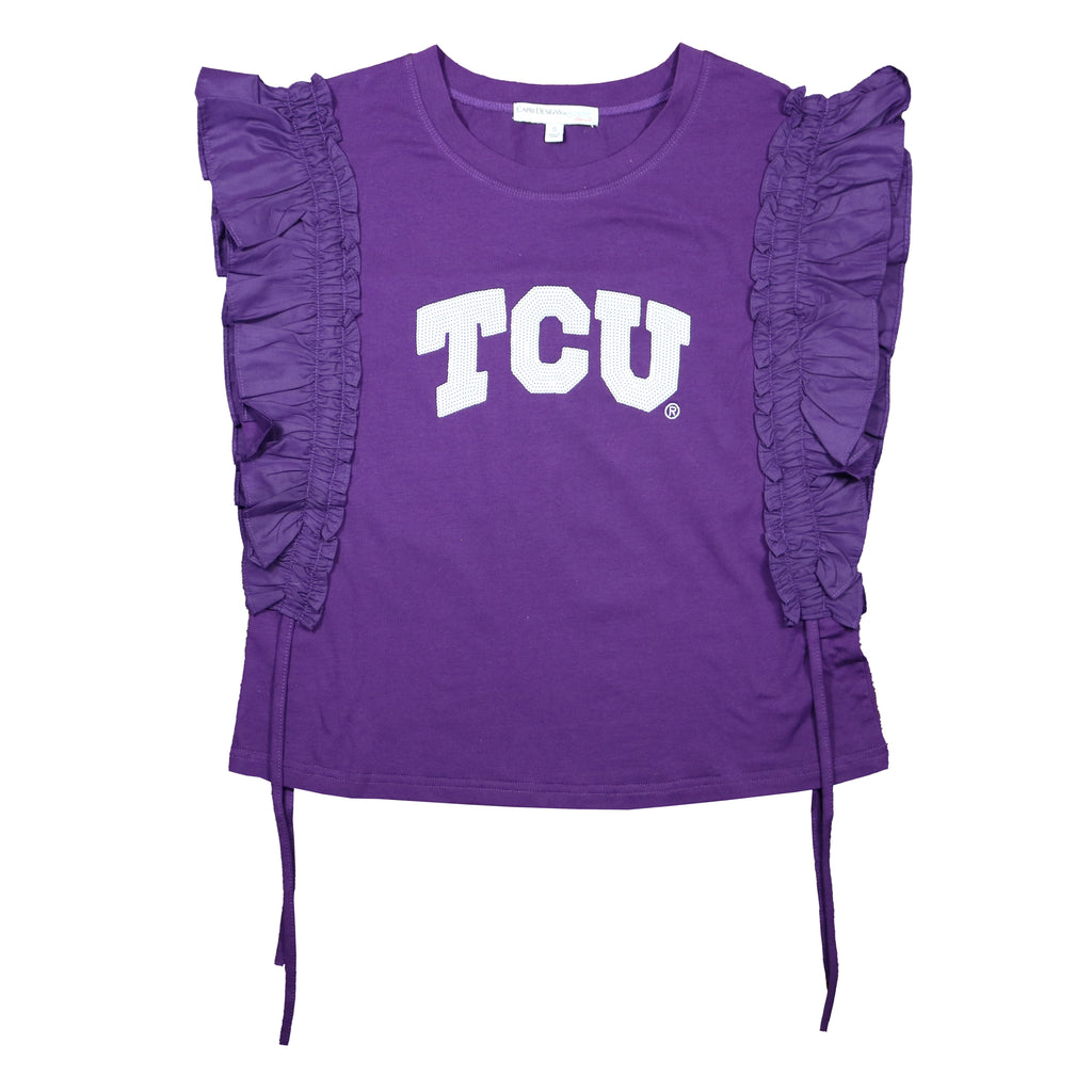 Sequin Varsity Ruffle Short Sleeve with Side Ruching in Texas Christian University