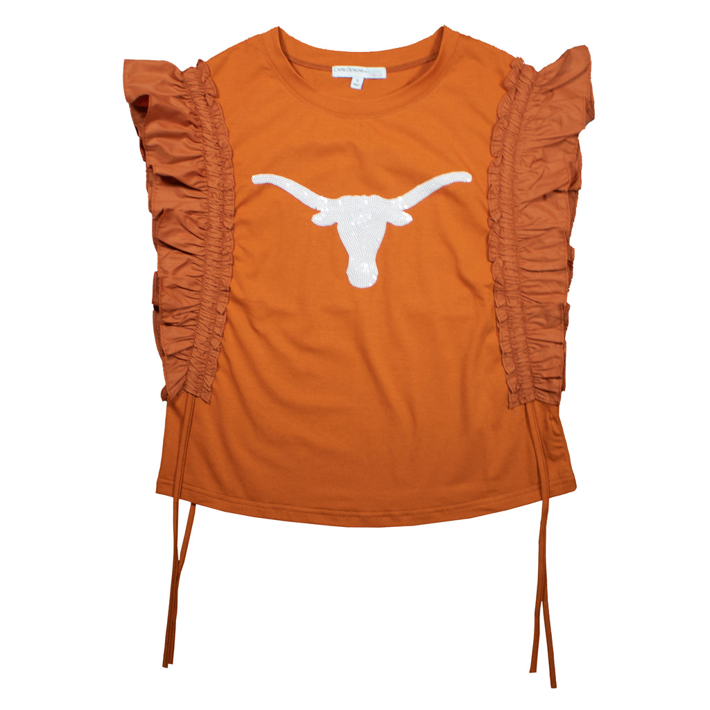 Sequin Varsity Ruffle Short Sleeve with Side Ruching in University of Texas