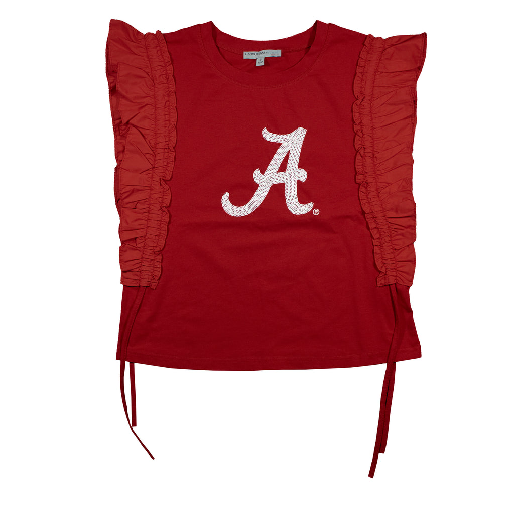 Sequin Varsity Ruffle Short Sleeve with Side Ruching in University of Alabama