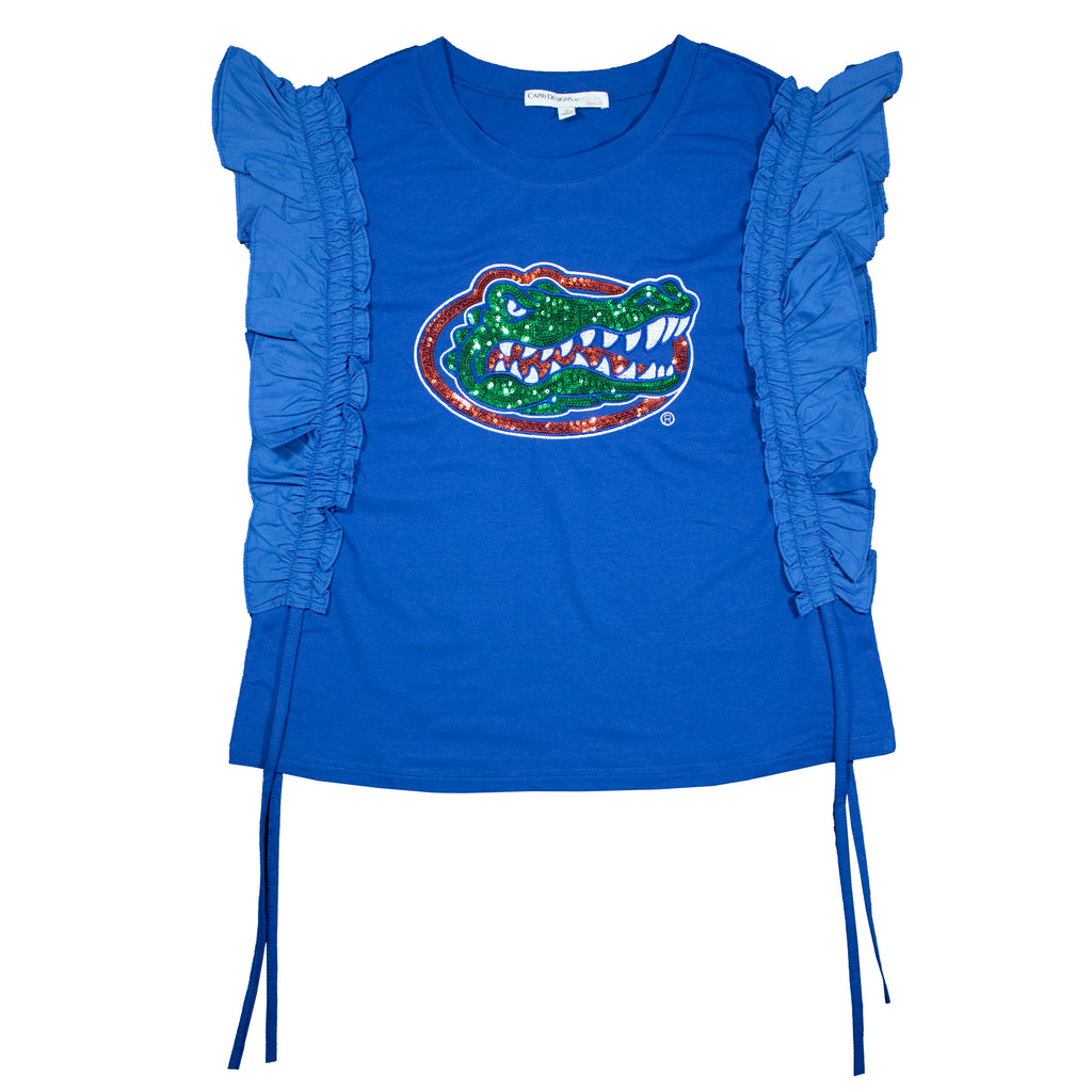 Sequin Varsity Ruffle Short Sleeve with Side Ruching in University of Florida
