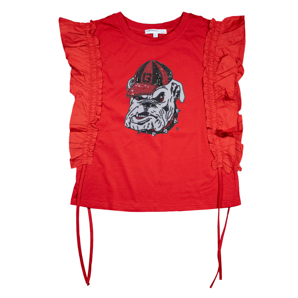 Sequin Varsity Ruffle Short Sleeve with Side Ruching in University of Georgia