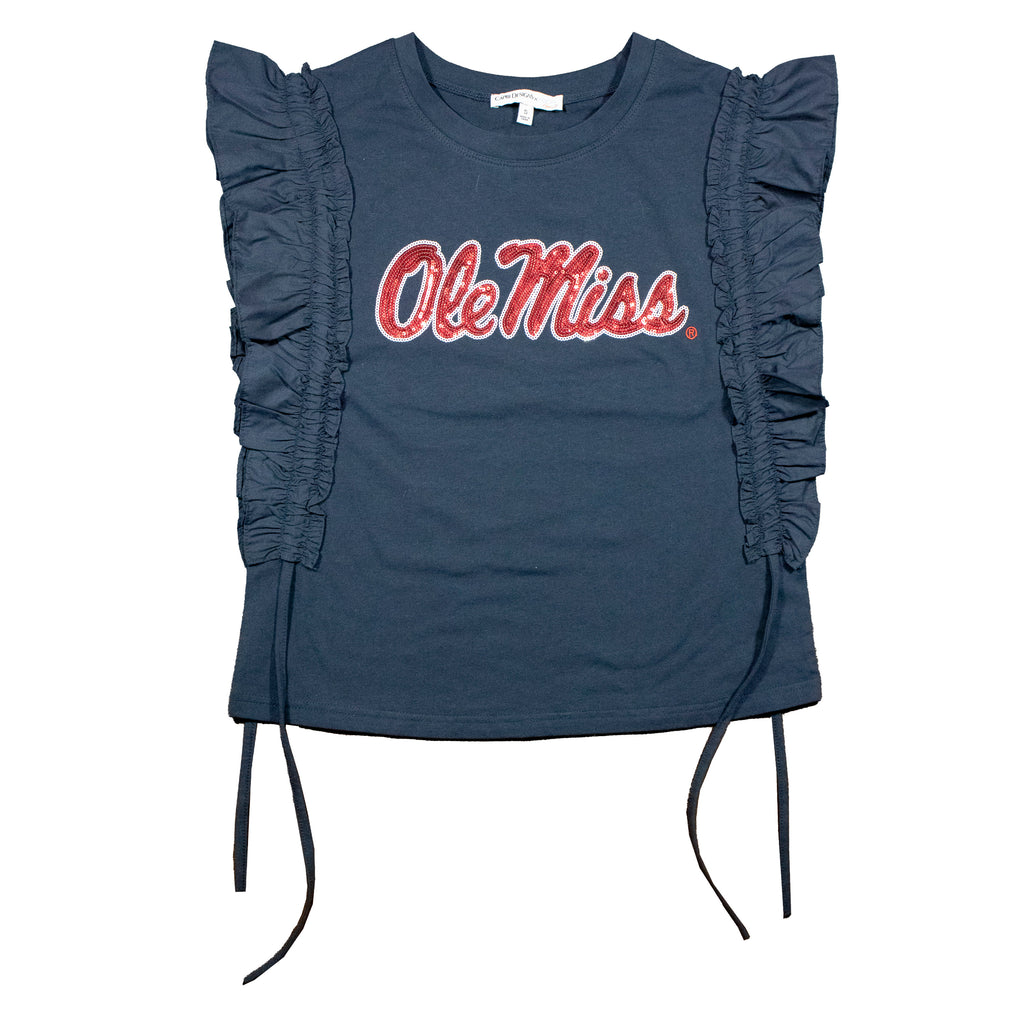 Sequin Varsity Ruffle Short Sleeve with Side Ruching in University of Mississippi