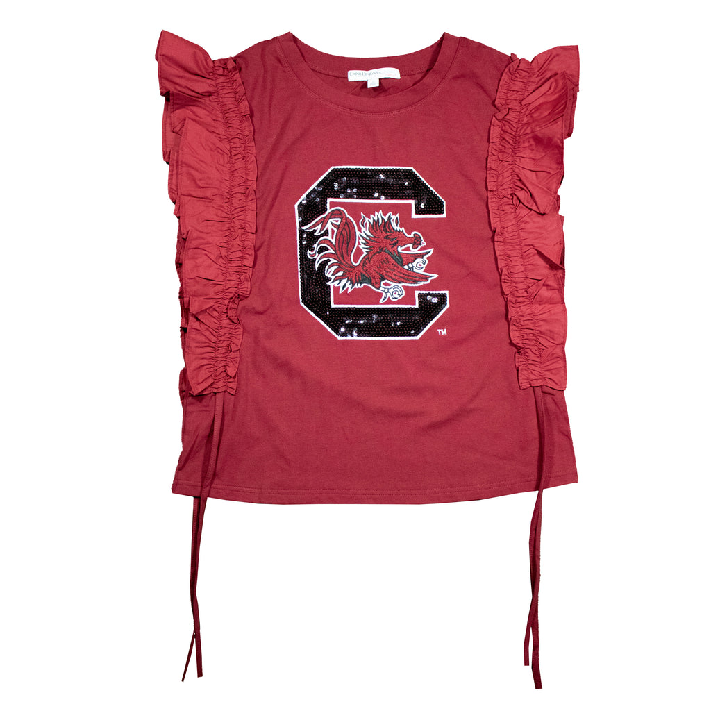 Sequin Varsity Ruffle Short Sleeve with Side Ruching in University of South Carolina