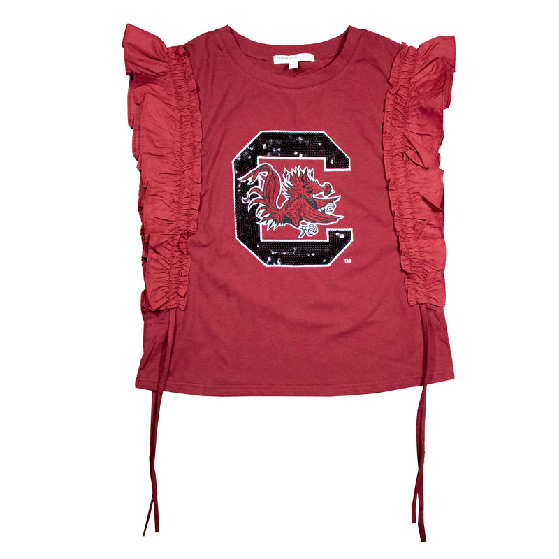Sequin Varsity Ruffle Short Sleeve with Side Ruching in University of South Carolina