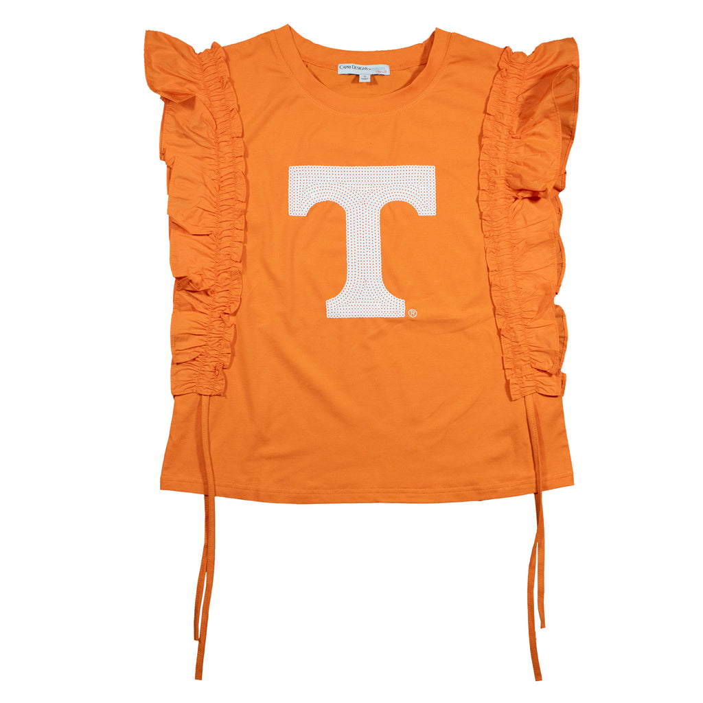 Sequin Varsity Ruffle Short Sleeve with Side Ruching in University of Tennessee