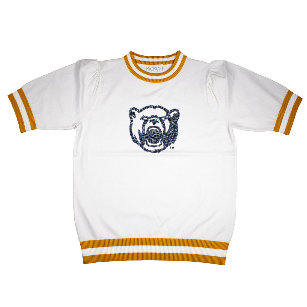 Sequin Varsity Short Sleeve Sweater with Striped Neckline, Cuff, and Waistband in Baylor University