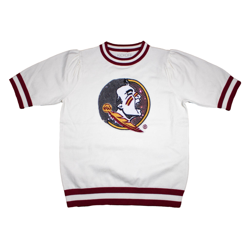 Sequin Varsity Short Sleeve Sweater with Striped Neckline, Cuff, and Waistband in Florida State University