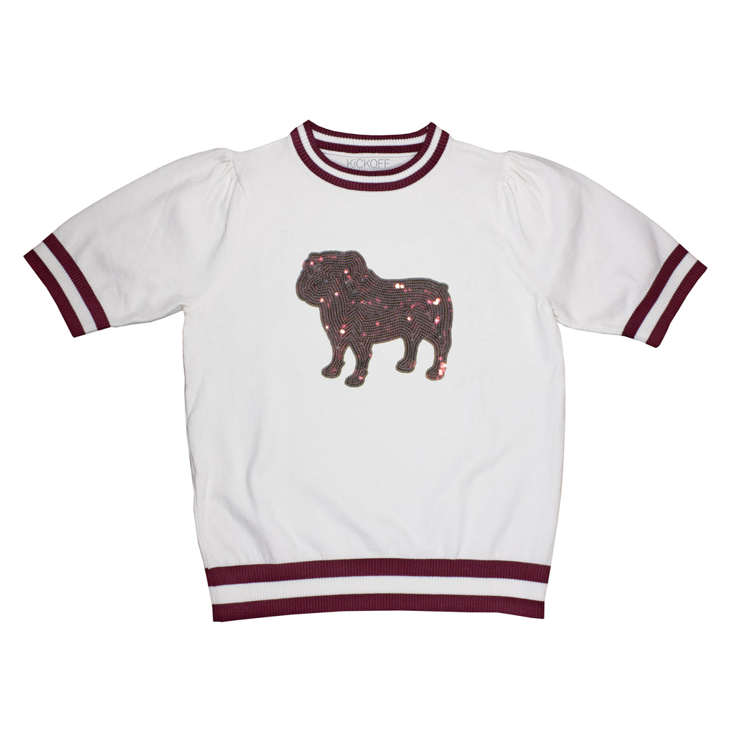 Sequin Varsity Short Sleeve Sweater with Striped Neckline, Cuff, and Waistband in Mississippi State University