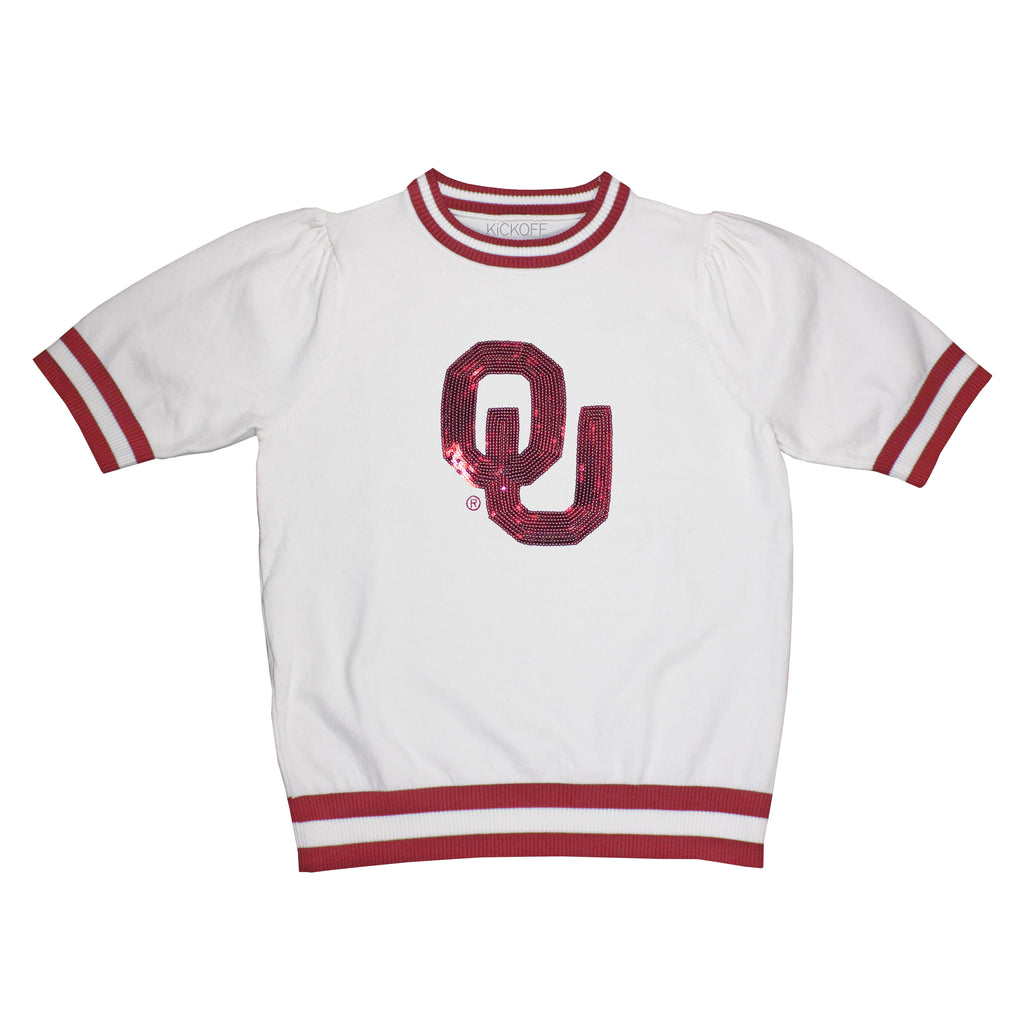 Sequin Varsity Short Sleeve Sweater with Striped Neckline, Cuff, and Waistband in University of Oklahoma