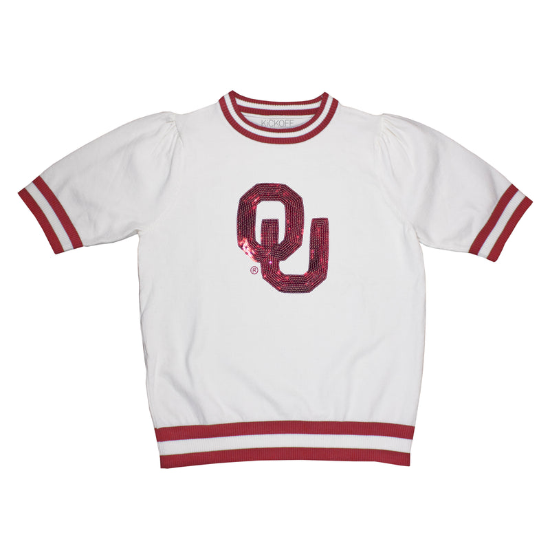 Sequin Varsity Short Sleeve Sweater with Striped Neckline, Cuff, and Waistband in University of Oklahoma
