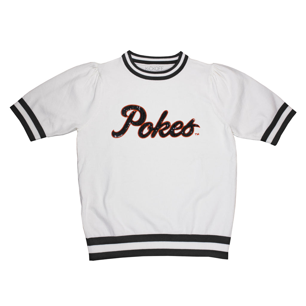 Sequin Varsity Short Sleeve Sweater with Striped Neckline, Cuff, and Waistband in Oklahoma State University