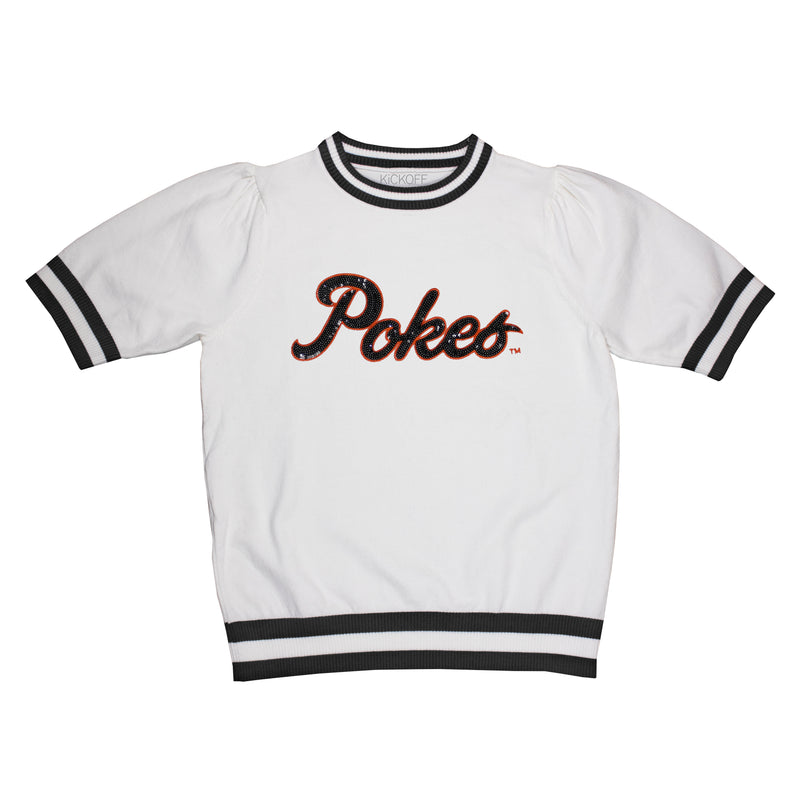 Sequin Varsity Short Sleeve Sweater with Striped Neckline, Cuff, and Waistband in Oklahoma State University