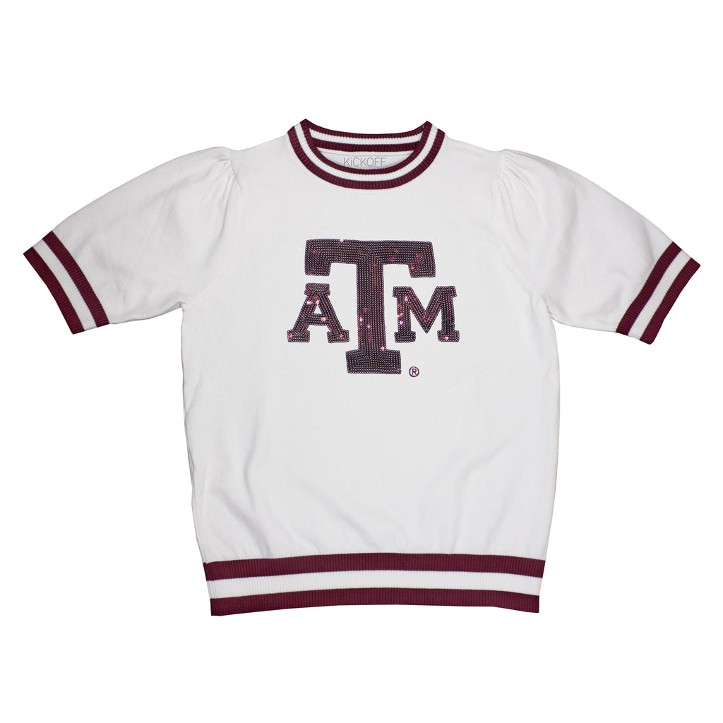 Sequin Varsity Short Sleeve Sweater with Striped Neckline, Cuff, and Waistband in Texas A&M University