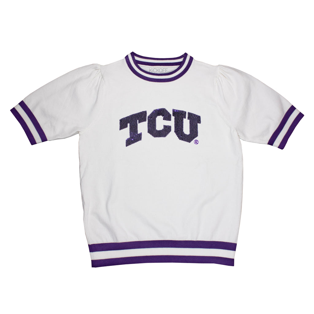 Sequin Varsity Short Sleeve Sweater with Striped Neckline, Cuff, and Waistband in Texas Christian University