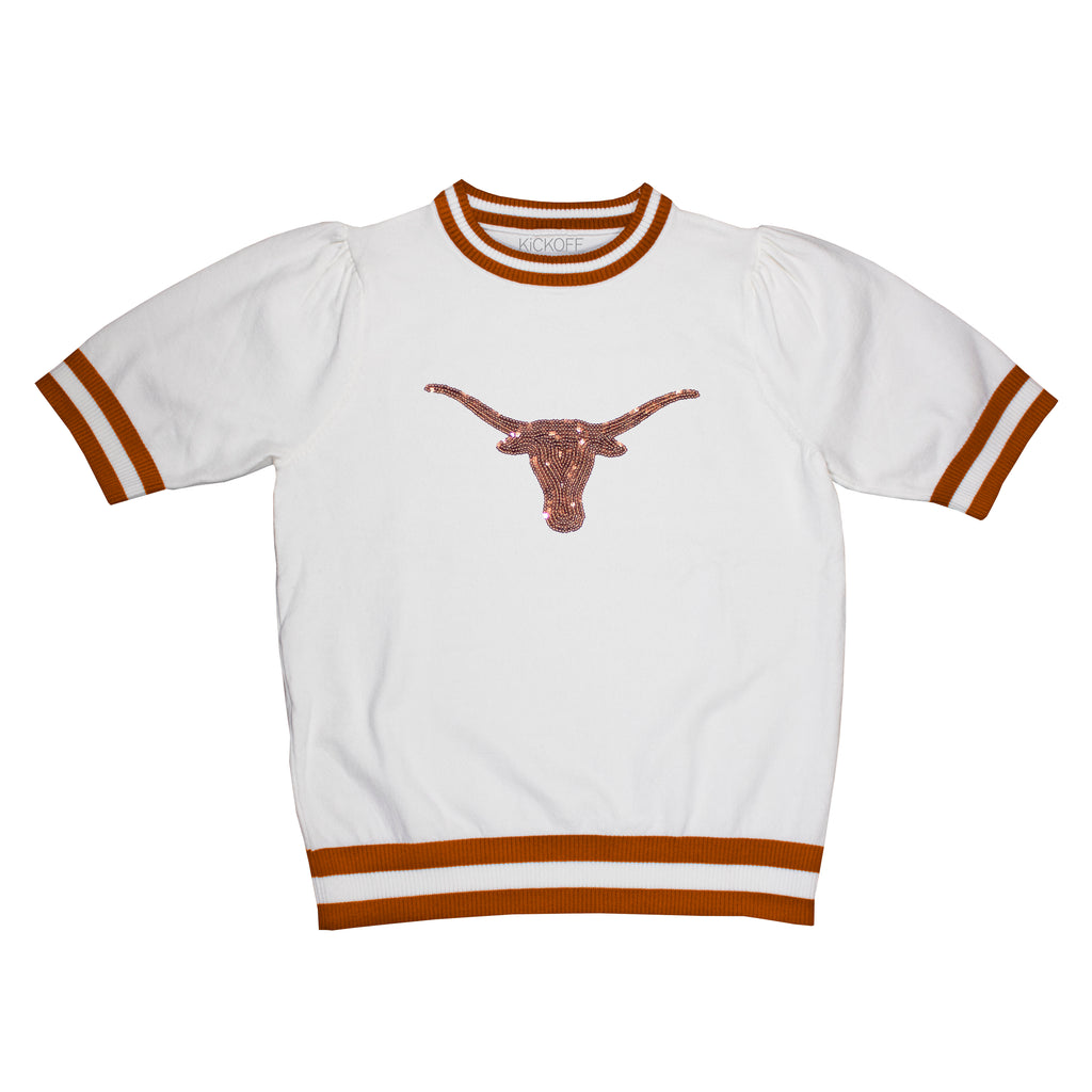 Sequin Varsity Short Sleeve Sweater with Striped Neckline, Cuff, and Waistband in University of Texas