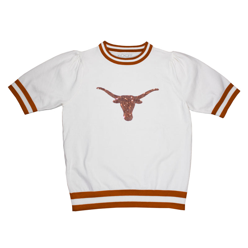 Sequin Varsity Short Sleeve Sweater with Striped Neckline, Cuff, and Waistband in University of Texas