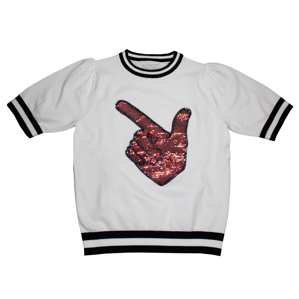 Sequin Varsity Short Sleeve Sweater with Striped Neckline, Cuff, and Waistband in Texas Tech University