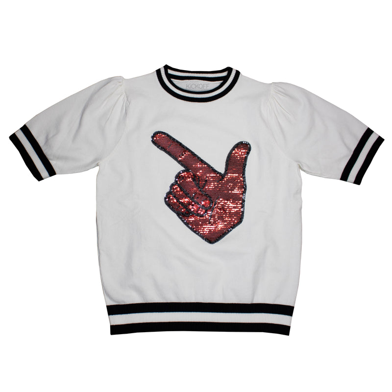 Sequin Varsity Short Sleeve Sweater with Striped Neckline, Cuff, and Waistband in Texas Tech University