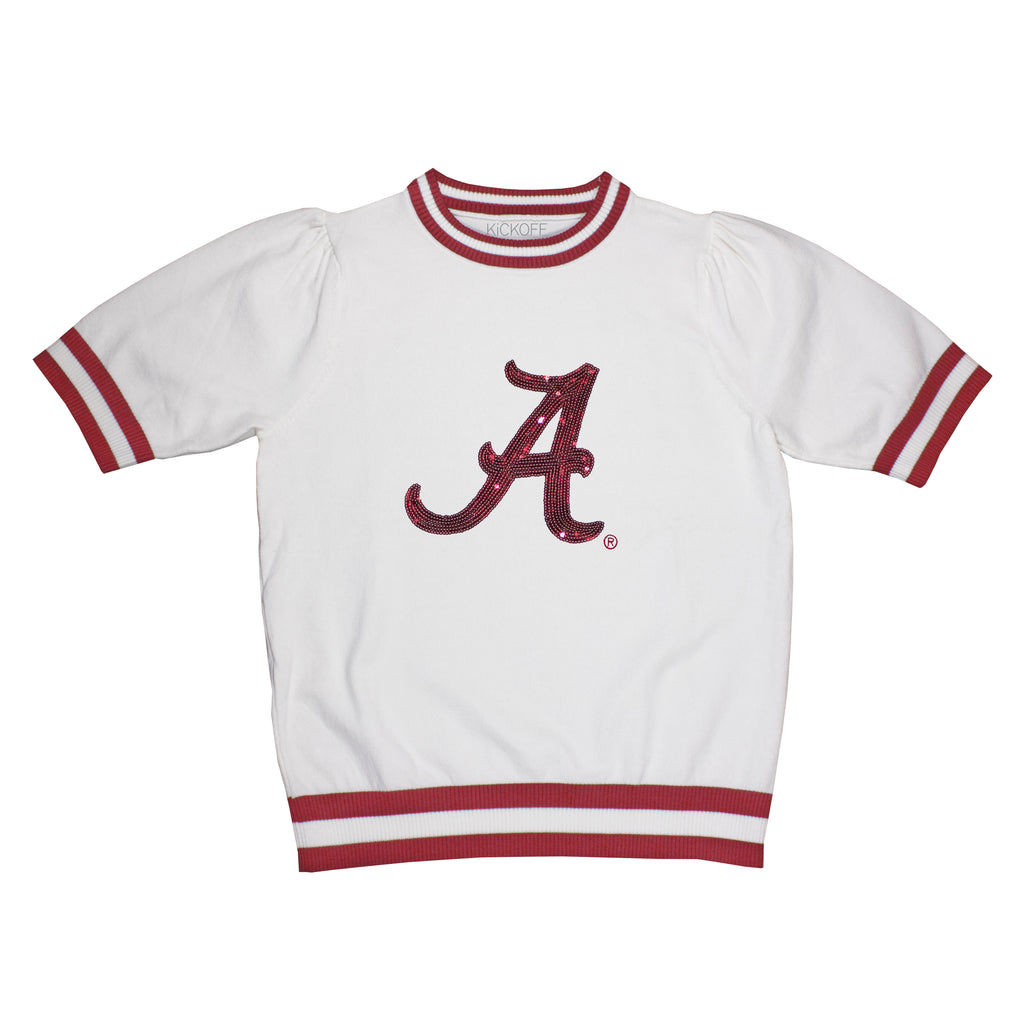 Sequin Varsity Short Sleeve Sweater with Striped Neckline, Cuff, and Waistband in University of Alabama