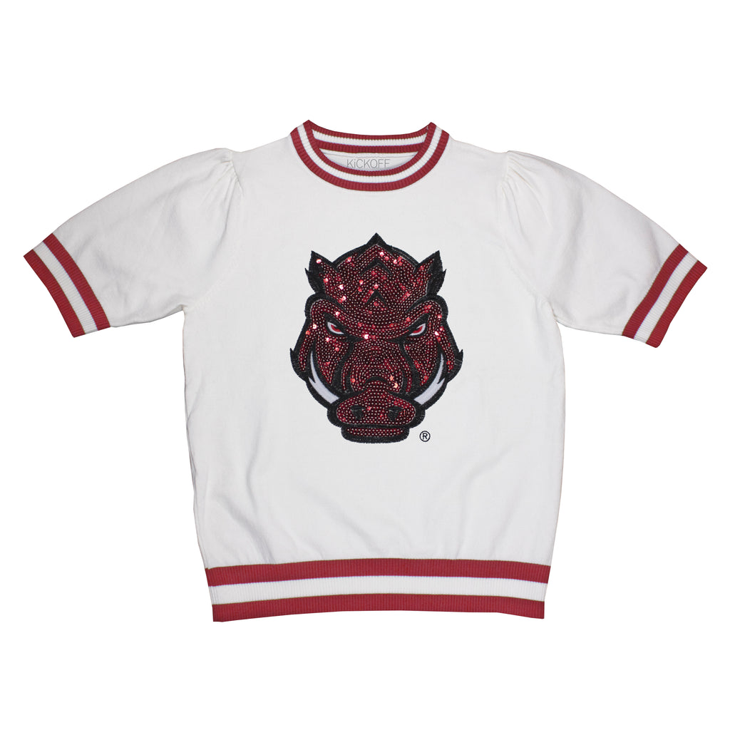 Sequin Varsity Short Sleeve Sweater with Striped Neckline, Cuff, and Waistband in University of Arkansas