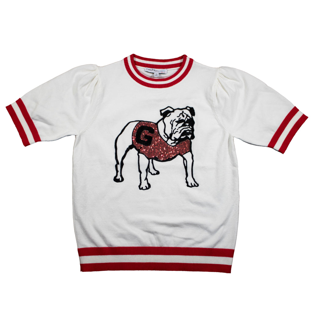Sequin Varsity Short Sleeve Sweater with Striped Neckline, Cuff, and Waistband in University of Georgia