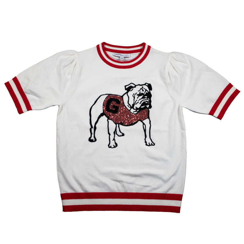 Sequin Varsity Short Sleeve Sweater with Striped Neckline, Cuff, and Waistband in University of Georgia
