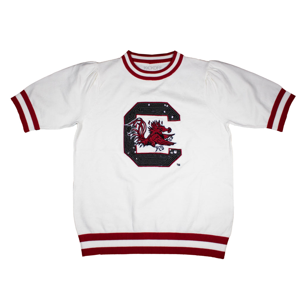 Sequin Varsity Short Sleeve Sweater with Striped Neckline, Cuff, and Waistband in University of South Carolina