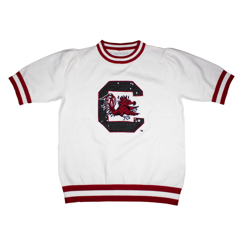 Sequin Varsity Short Sleeve Sweater with Striped Neckline, Cuff, and Waistband in University of South Carolina